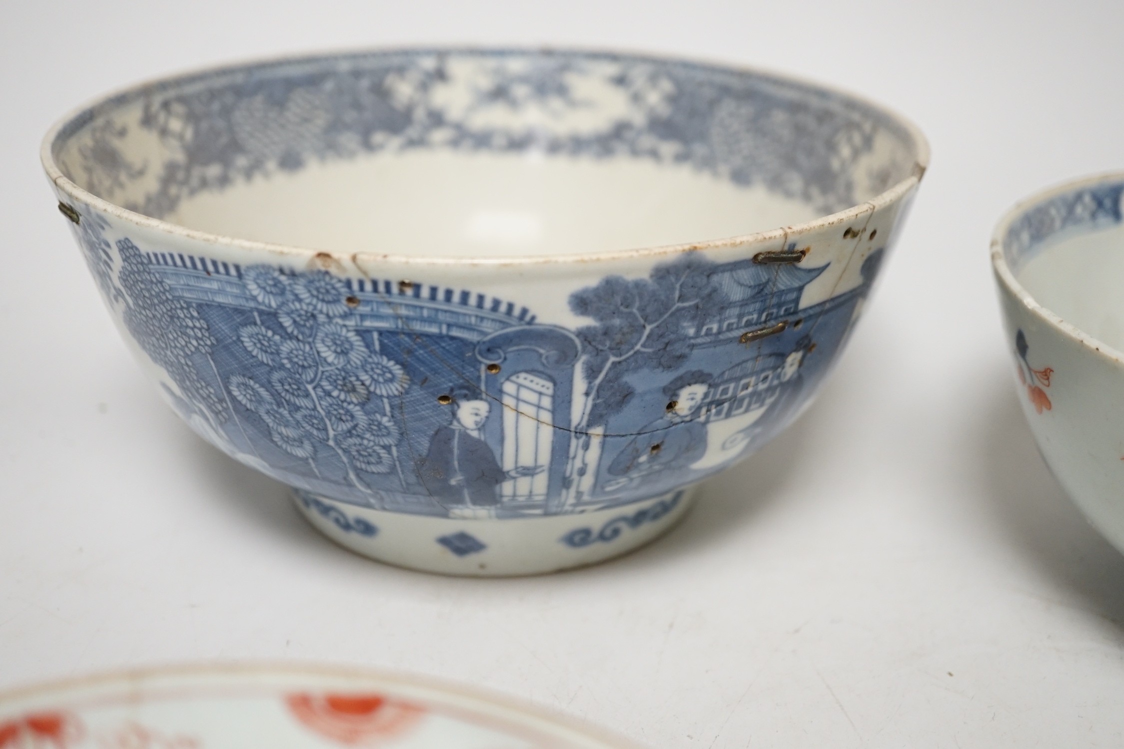 Six 18th century Chinese porcelain bowls (a.f.) and a Chinese imari plate, largest bowl 20cm diameter